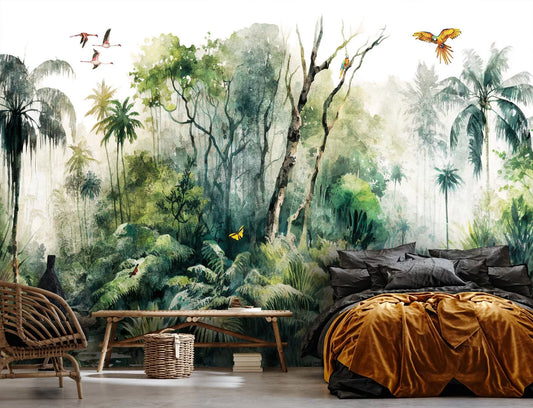 Painted Jungle Birds Palms Non-woven Photo Wallpaper 