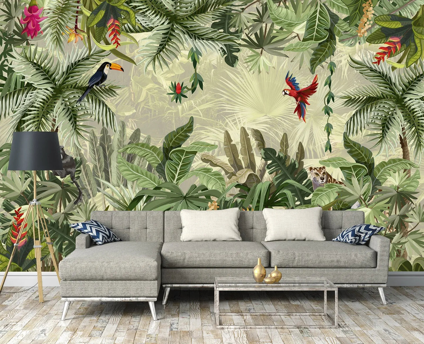 Green Jungle Parrots Botanical Non-woven Photo Wallpaper 