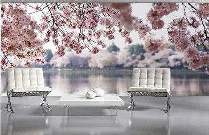 Pink Flowers Lake Scenery Photo Wallpaper Nice Wall