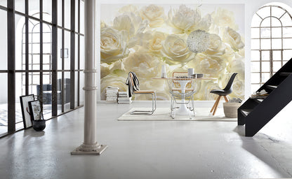 Beige Roses Dressing Room and Bedroom Floral Non-Woven Wall Mural  (W x H) 368cm x 248cm (144" x 98")
