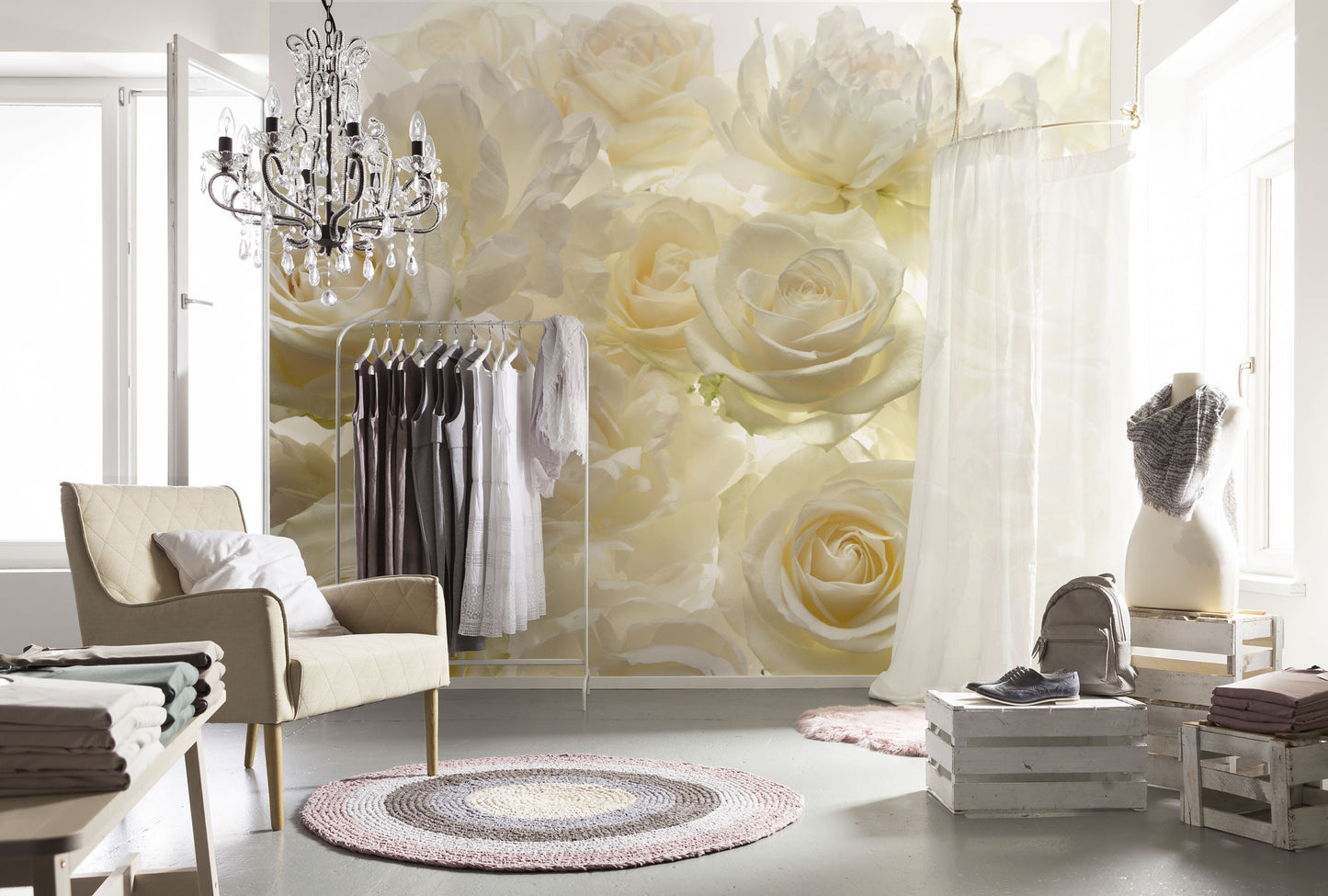 Beige Roses Dressing Room and Bedroom Floral Floral Non-Woven Wall Mural  (W x H) 368cm x 248cm (144" x 98")